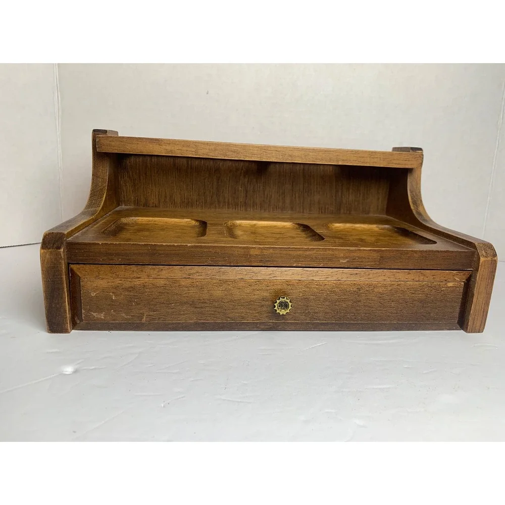Vintage Wood Desk Organizer Valet Tray Red Felt Lined‎ Jewelry Drawer Brown